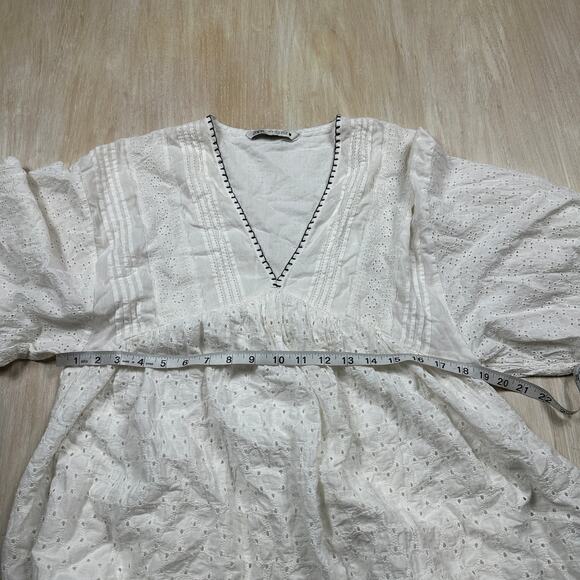 Zara White Eyelet Embroidered Puff Sleeve Boho Peasant Mini Dress Top Medium - Picture 6 of 12